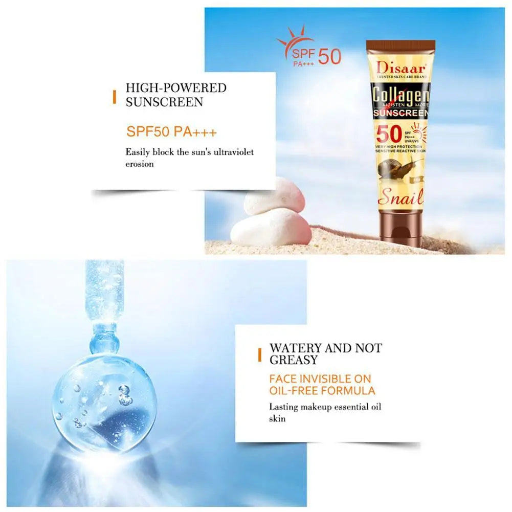 50g Collagen Snail Sunscreen Cream Protector Facial Solar Sun Block Spf 50 Gel Isolation Lotion Bleaching Facial Moisturizer Sun